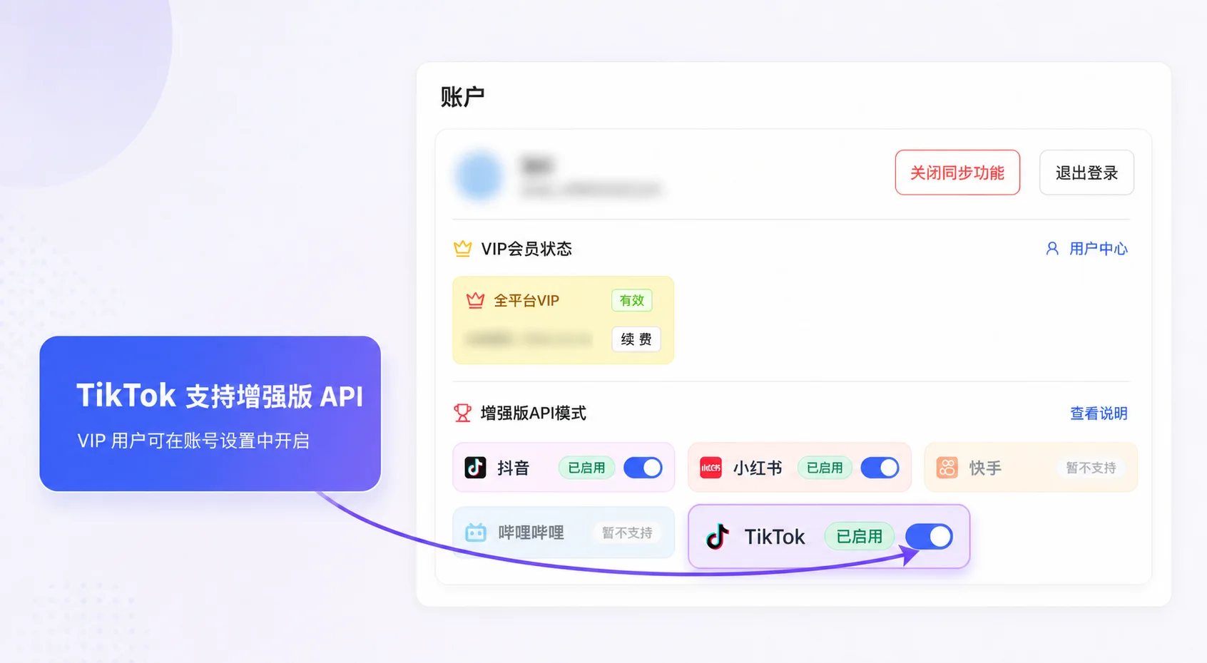 插件配置页面中的 TikTok 增强版 API 开关截图