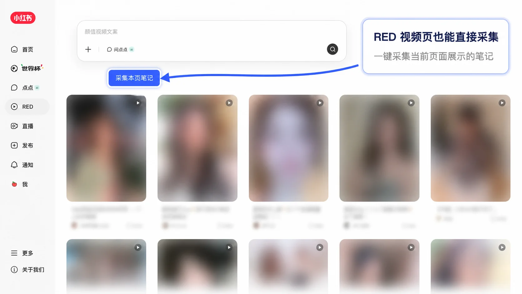 小红书 RED 视频页的笔记采集入口截图