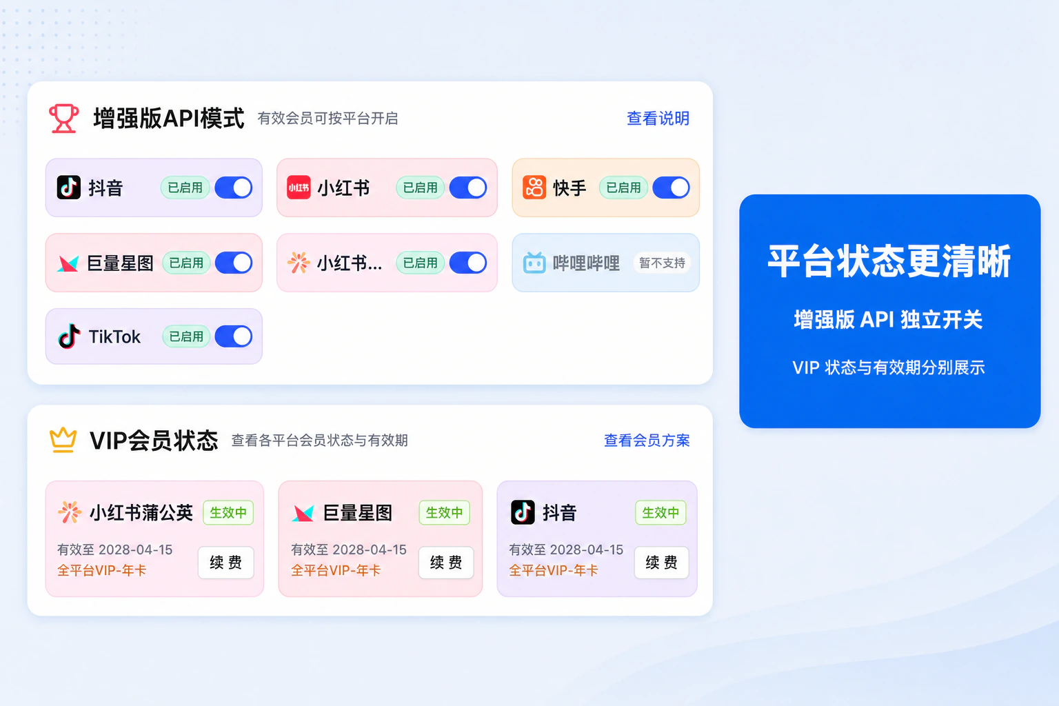 增强版API模式与各平台VIP会员状态设置截图