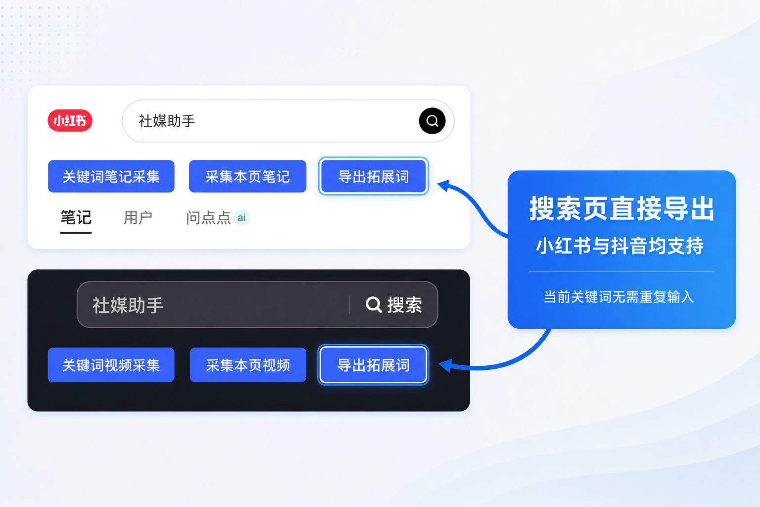 抖音或小红书搜索页导出拓展词入口截图