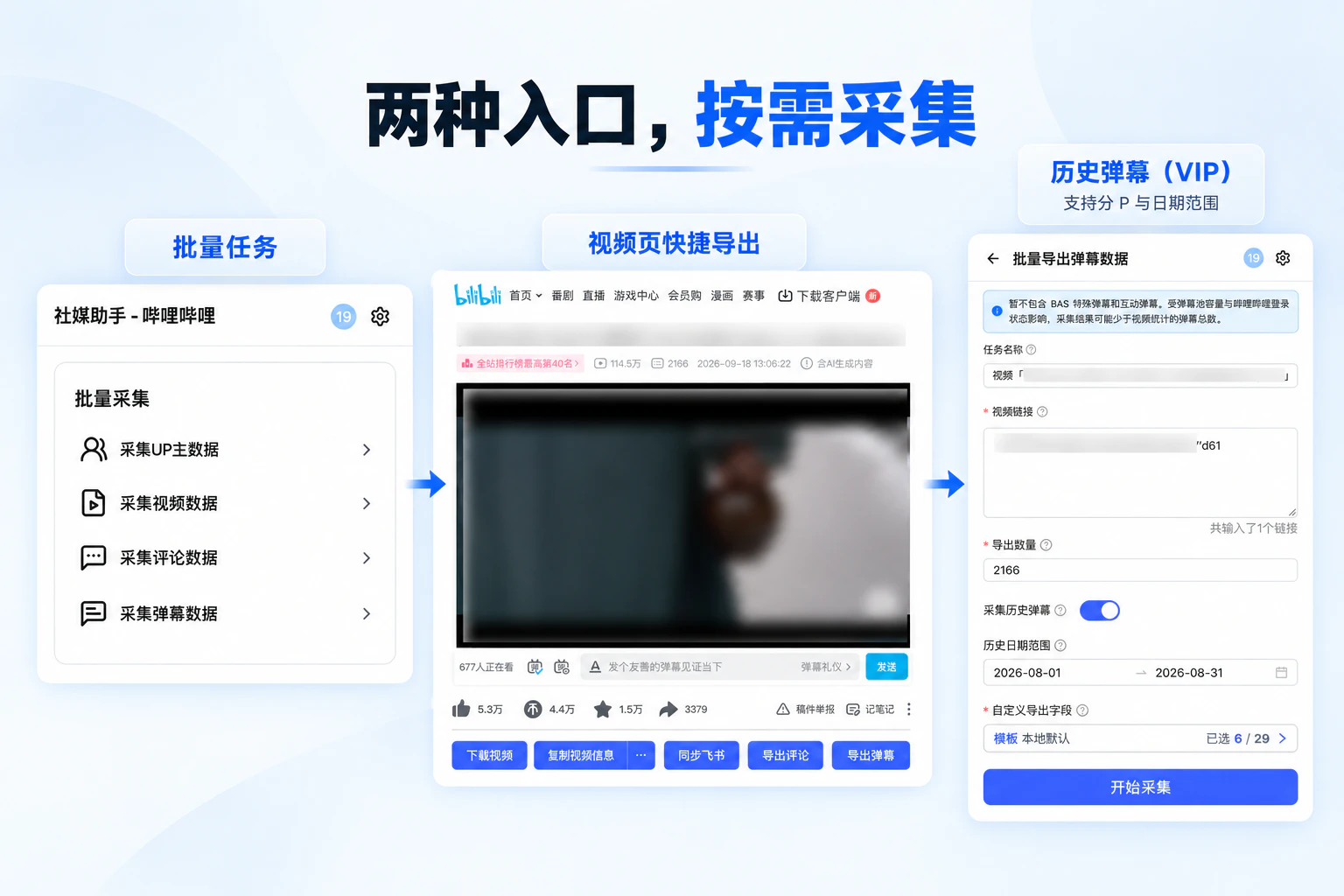 哔哩哔哩弹幕采集的批量入口、视频页入口和历史弹幕设置说明图