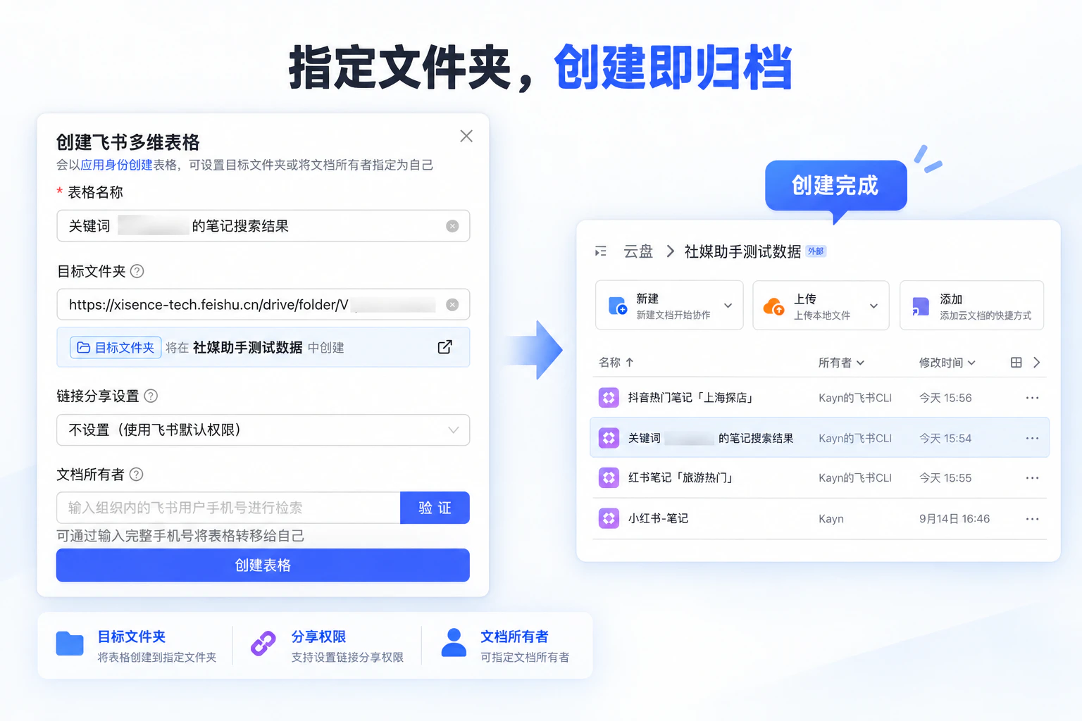 设置飞书目标文件夹、分享权限和文档所有者后创建表格的流程说明图