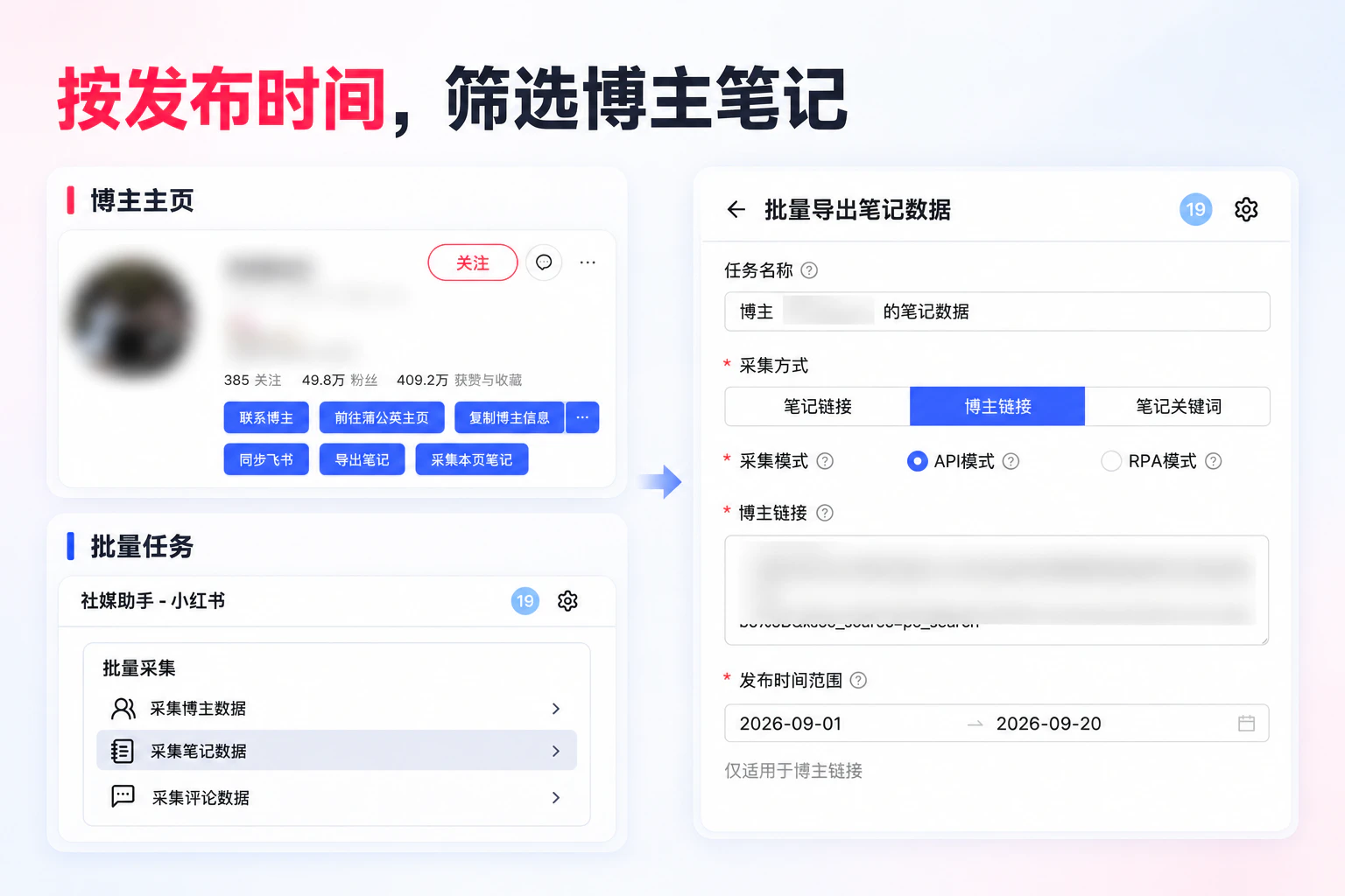 小红书博主主页、批量任务入口和发布时间范围筛选说明图